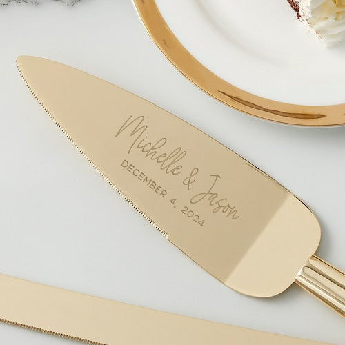 Modern Engraved Gold Cake Knife & Server or Flute Set