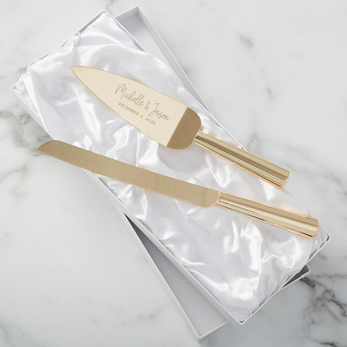 Modern Engraved Gold Cake Knife, Server, and Champagne Flute Set