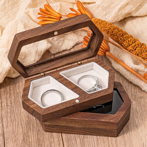 Personalized Double Slot Wooden Wedding Ring Box | Custom Engagement Ring Holder