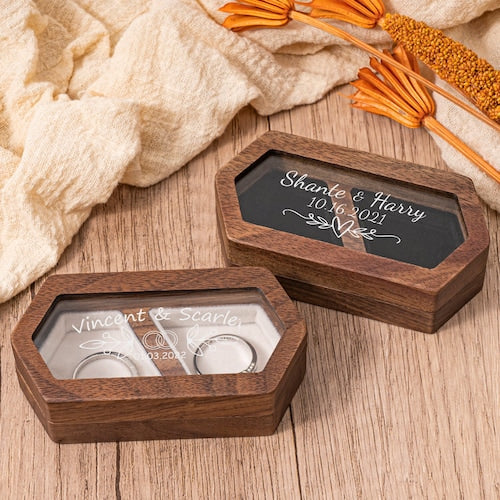 Personalized Double Slot Wooden Wedding Ring Box | Custom Engagement Ring Holder