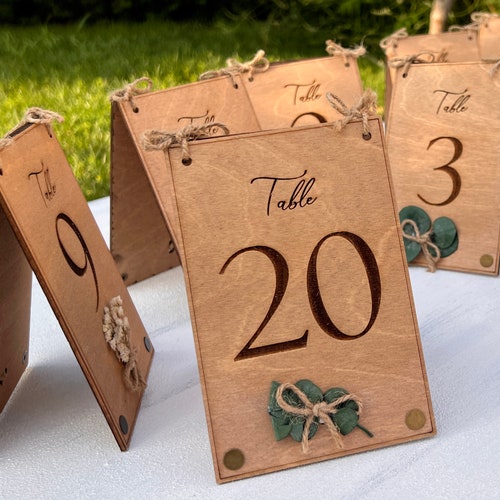 Eucalyptus & Floral Wooden Wedding Table Numbers – Rustic Birch Wood Double-Sided Table Signs
