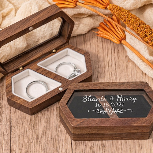Personalized Double Slot Wooden Wedding Ring Box | Custom Engagement Ring Holder
