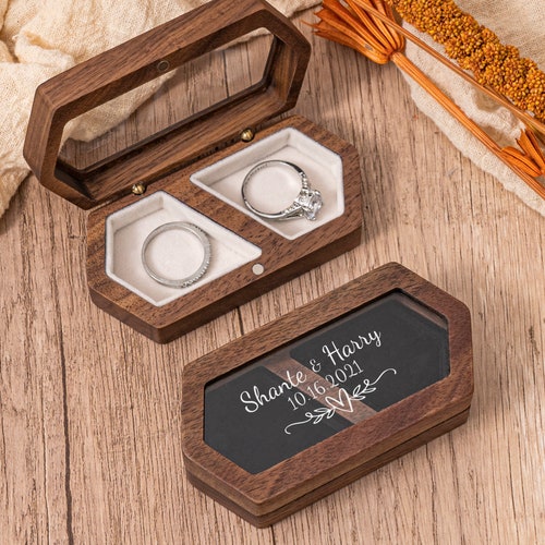 Personalized Double Slot Wooden Wedding Ring Box | Custom Engagement Ring Holder