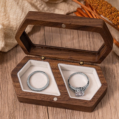 Personalized Double Slot Wooden Wedding Ring Box | Custom Engagement Ring Holder