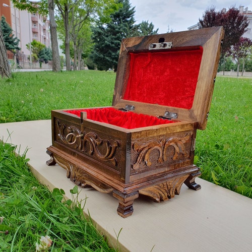 Hand-Carved Wooden Puzzle Box with Secret Lock and Key