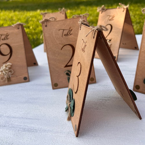 Eucalyptus & Floral Wooden Wedding Table Numbers – Rustic Birch Wood Double-Sided Table Signs
