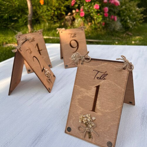 Eucalyptus & Floral Wooden Wedding Table Numbers – Rustic Birch Wood Double-Sided Table Signs