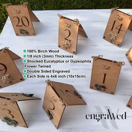Eucalyptus & Floral Wooden Wedding Table Numbers – Rustic Birch Wood Double-Sided Table Signs