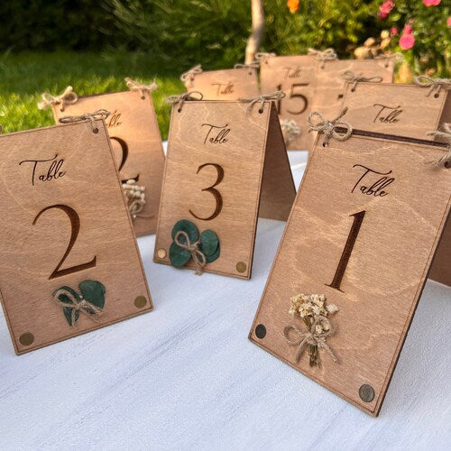 Eucalyptus & Floral Wooden Wedding Table Numbers – Rustic Birch Wood Double-Sided Table Signs