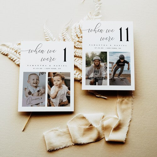 Photo Table Numbers Wedding Template – Minimalist Childhood Ages Design (Editable)