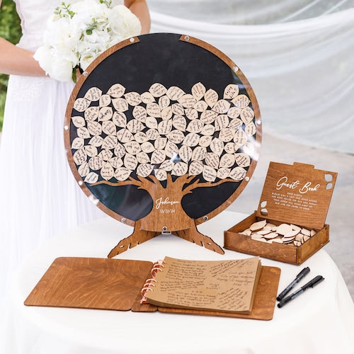 Personalized Family Tree Wedding Guest Book Alternative – Rustic Wooden Keepsake