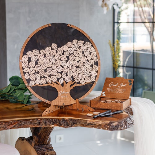 Personalized Family Tree Wedding Guest Book Alternative – Rustic Wooden Keepsake
