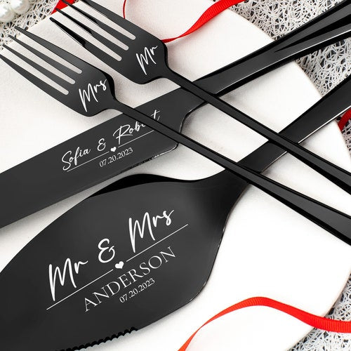 Personalized Wedding Cake Cutting Set with Forks – Engraved Cake Server Set