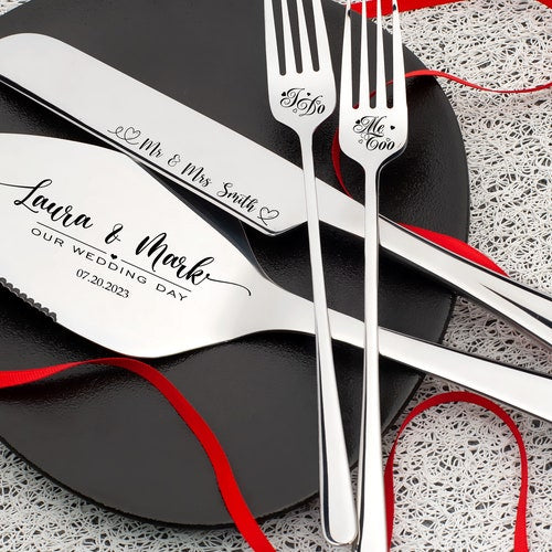 Personalized Wedding Cake Cutting Set with Forks – Engraved Cake Server Set