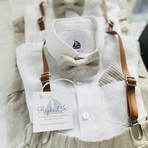 Boys White & Beige Linen Set with Suspenders, Bow Tie, and Optional Accessories