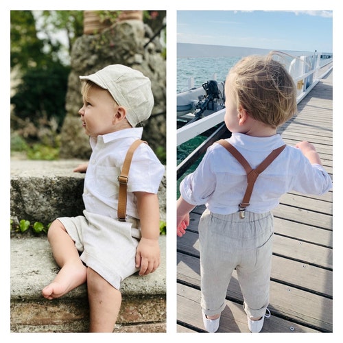 Boys White & Beige Linen Set with Suspenders, Bow Tie, and Optional Accessories