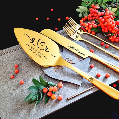 Personalized Silver Wedding Cake Cutting Set with Forks
