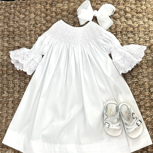 Heirloom Smocked Dress in White with White Lace