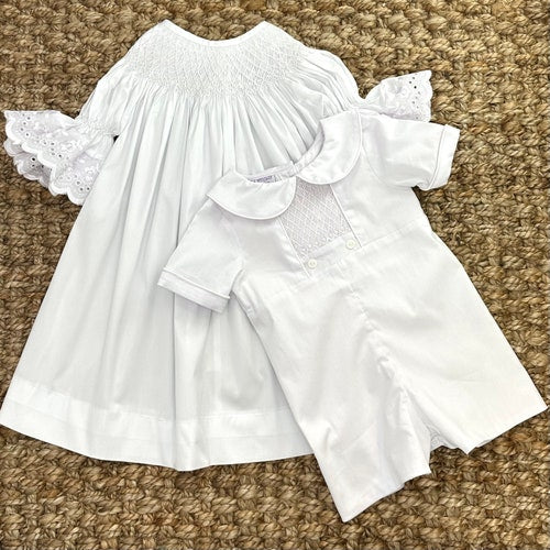 Heirloom Smocked Dress in White with White Lace