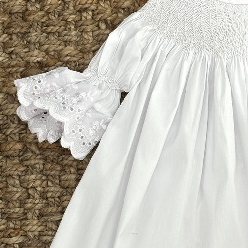 Heirloom Smocked Dress in White with White Lace