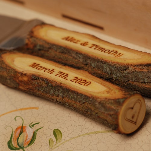 Rustic Personalized Wedding Cake Knife & Server Set with Optional Wooden Box