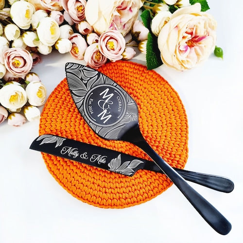 Floral Engraved Wedding Cake Cutting Set – Personalized Knife and Server