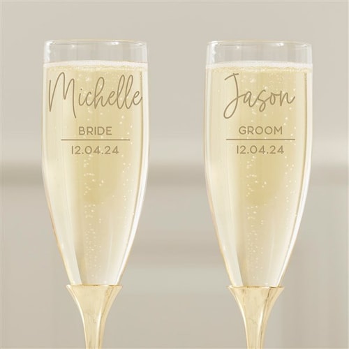 Modern Engraved Gold Cake Knife, Server, and Champagne Flute Set