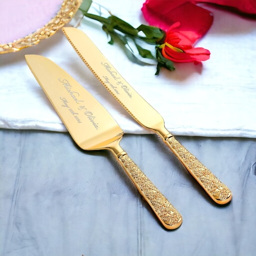 Personalized Gold & Silver Wedding Cake Cutting Set with Engraving