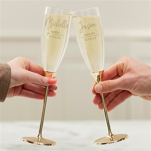 Modern Engraved Gold Cake Knife, Server, and Champagne Flute Set