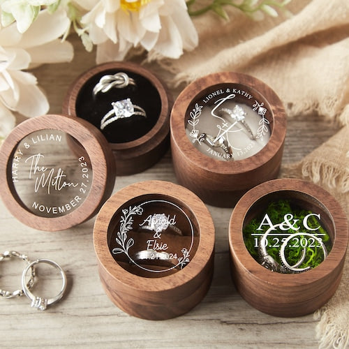 Personalized Wooden Engagement Ring Box | Double Ring Bearer Box with Custom Design