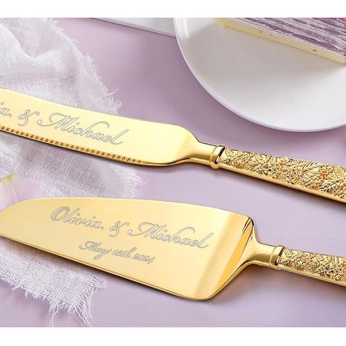 Personalized Gold & Silver Wedding Cake Cutting Set with Engraving