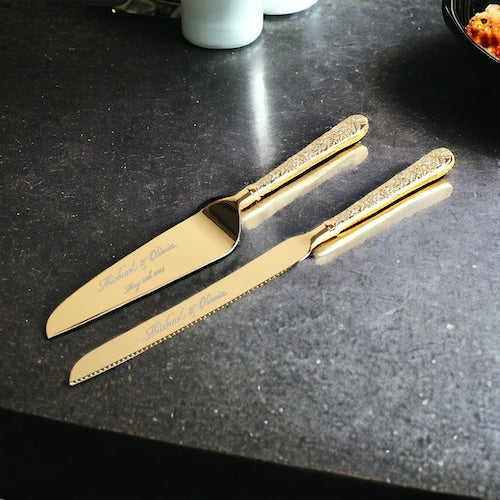 Personalized Gold & Silver Wedding Cake Cutting Set with Engraving