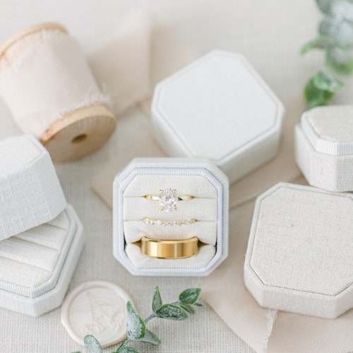 Triple Slot Linen Ring Box | Personalized Wedding & Engagement Ring Holder