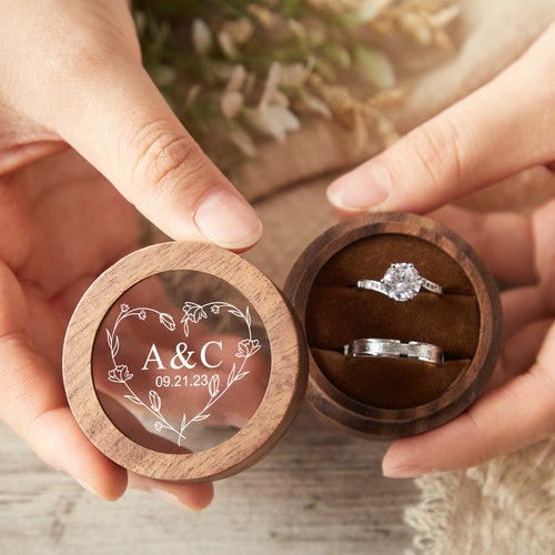 Personalized Wooden Engagement Ring Box | Double Ring Bearer Box with Custom Design