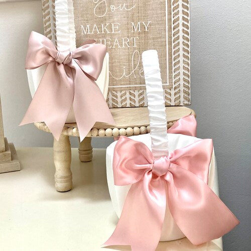 Elegant Satin Flower Girl Basket with Customizable Bows