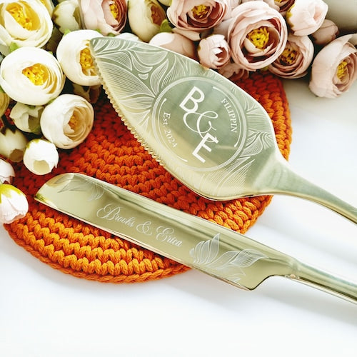 Floral Engraved Wedding Cake Cutting Set – Personalized Knife and Server
