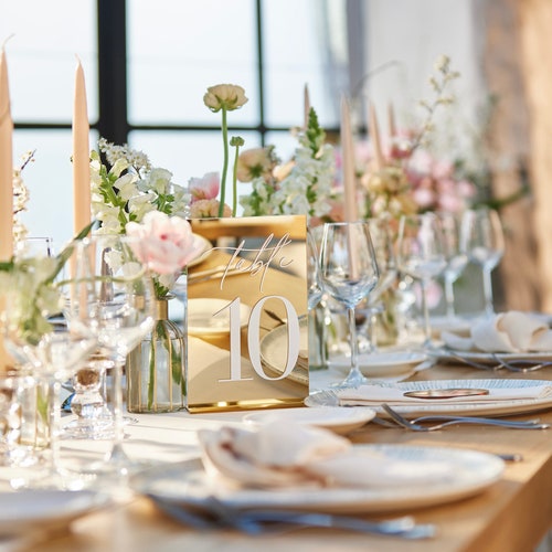 Gold Mirror Table Numbers with Stands – Elegant Wedding Table Décor