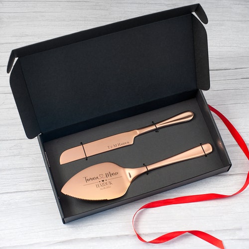 Personalized Wedding Cake Cutting Set with Forks – Engraved Cake Server Set