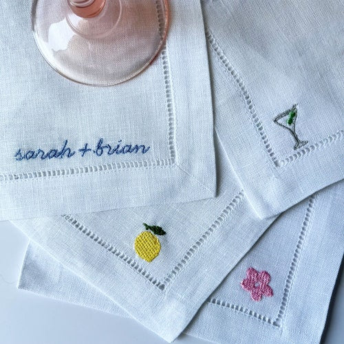 Personalized Embroidered Linen Cocktail Napkins with Custom Names and Icons