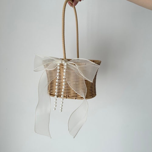 Rustic Flower Girl Basket with Pearls