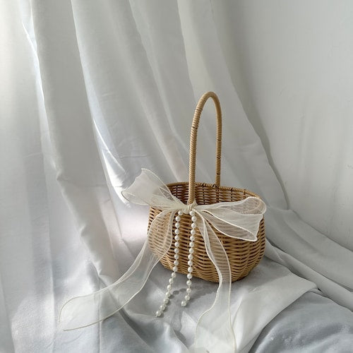 Rustic Flower Girl Basket with Pearls