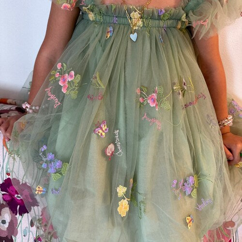 Green Tulle Flower Dress with Ruffle Sleeves