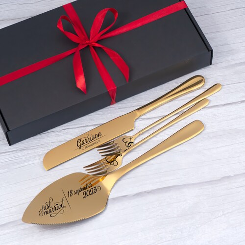 Personalized Wedding Cake Cutting Set with Forks – Engraved Cake Server Set