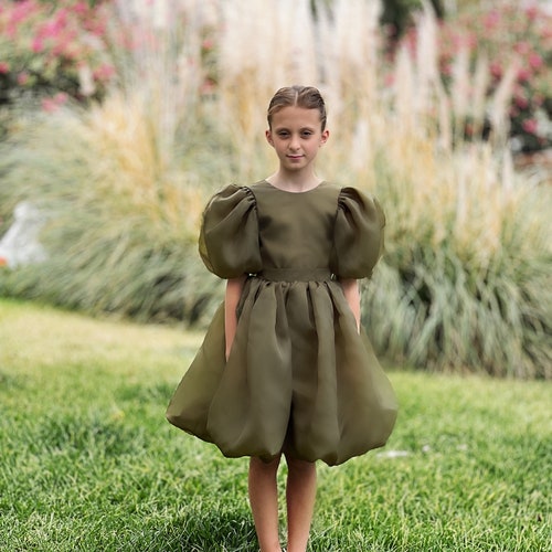 Bohemian Ivory Flower Girl Dress with Puffy Sleeves, First Communion & Baptism Dress