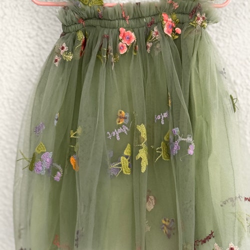 Green Tulle Flower Dress with Ruffle Sleeves