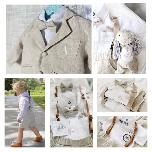Boys White & Beige Linen Set with Suspenders, Bow Tie, and Optional Accessories