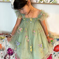 Green Tulle Flower Dress with Ruffle Sleeves