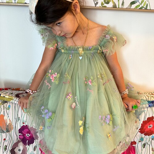 Green Tulle Flower Dress with Ruffle Sleeves