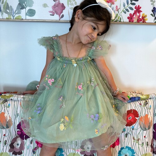 Green Tulle Flower Dress with Ruffle Sleeves