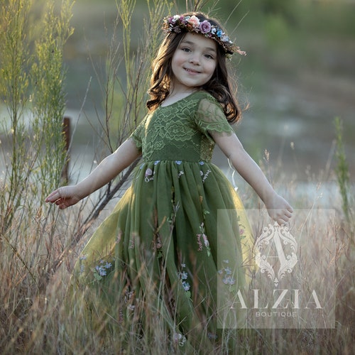 Sage Green Embroidered Flower Girl Dress